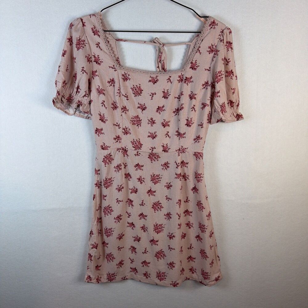 MONTEAU LOS ANGELES Pink Floral Linen Blend Mini Dress Puff Sleeve Lace Small